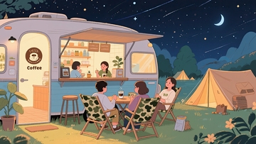 夜晚露营咖啡车惬意放松