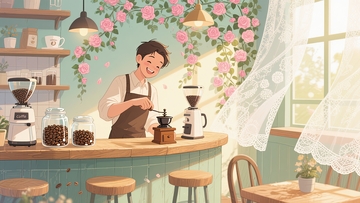 温馨咖啡馆阳光与花香