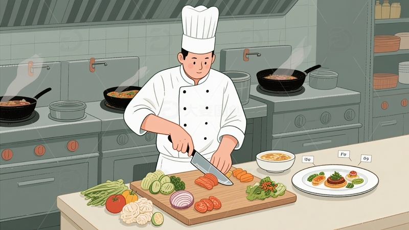 厨师专注切配食材打造精致菜品前奏