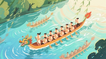 众人齐心划动龙舟竞渡于水面