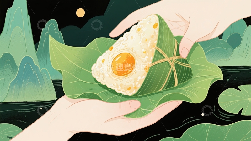 双手交接传递粽叶包裹咸蛋黄粽