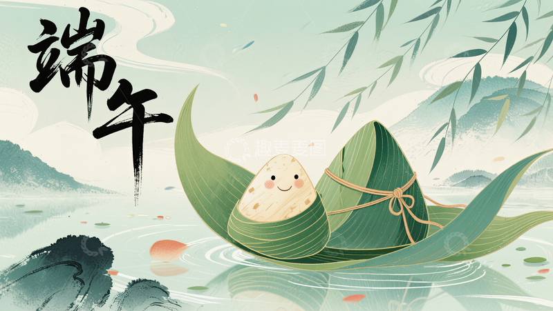 高清大图下载【趣麦麦图】可爱粽子静浮水面配书法展端午古韵