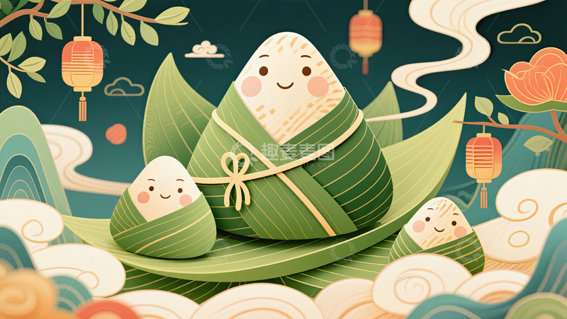 高清大图下载【趣麦麦图】大小卡通粽相聚周围有灯笼烘托端午