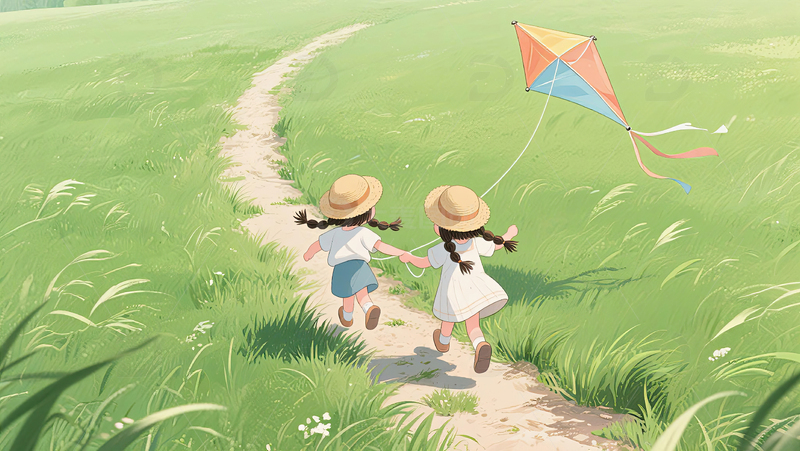 双辫女孩草帽相伴草地小径奔跑放风筝
