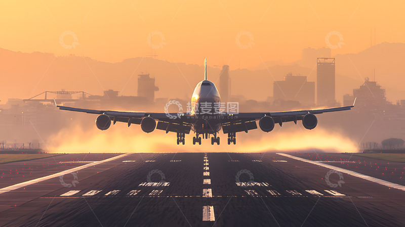 高清大图下载【趣麦麦图】城市黄昏飞机跑道上的飞机场景1