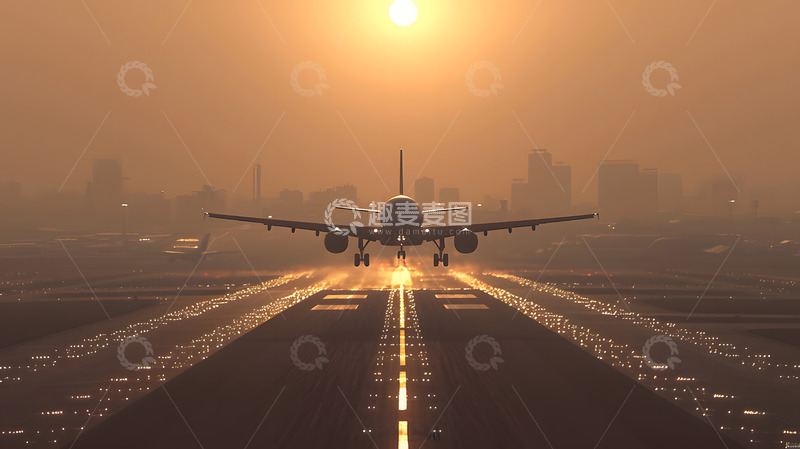 高清大图下载【趣麦麦图】城市黄昏飞机跑道上的飞机场景
