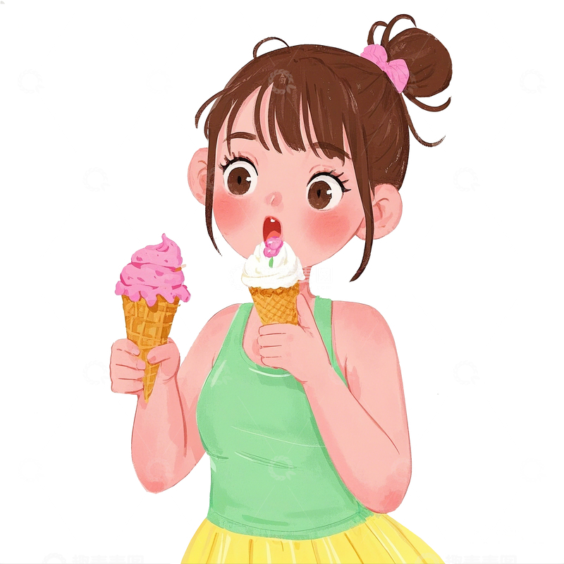 源文件下载【趣麦麦图】夏季卡通手绘吃冰淇淋的女孩