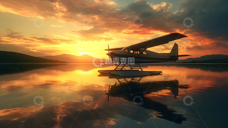 高清大图下载【趣麦麦图】黄昏时分停在湖面的小型飞机