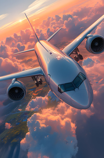 彩云晚霞背景的飞机2
