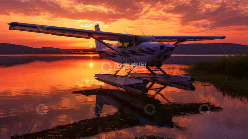 高清大图下载【趣麦麦图】黄昏时分停在湖面的小型飞机1
