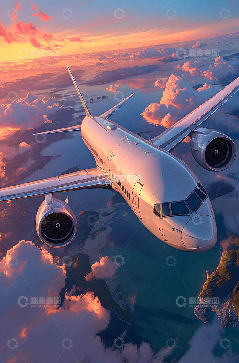 高清大图下载【趣麦麦图】彩云晚霞背景的飞机1