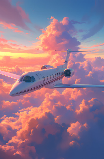 彩云晚霞背景的飞机