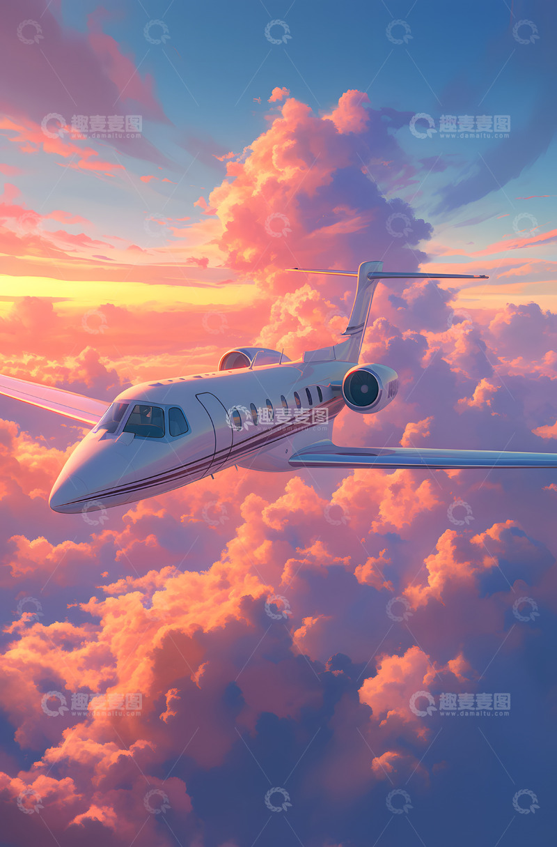 高清大图下载【趣麦麦图】彩云晚霞背景的飞机