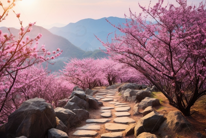 高清大图下载【趣麦麦图】山顶上的桃树林风景