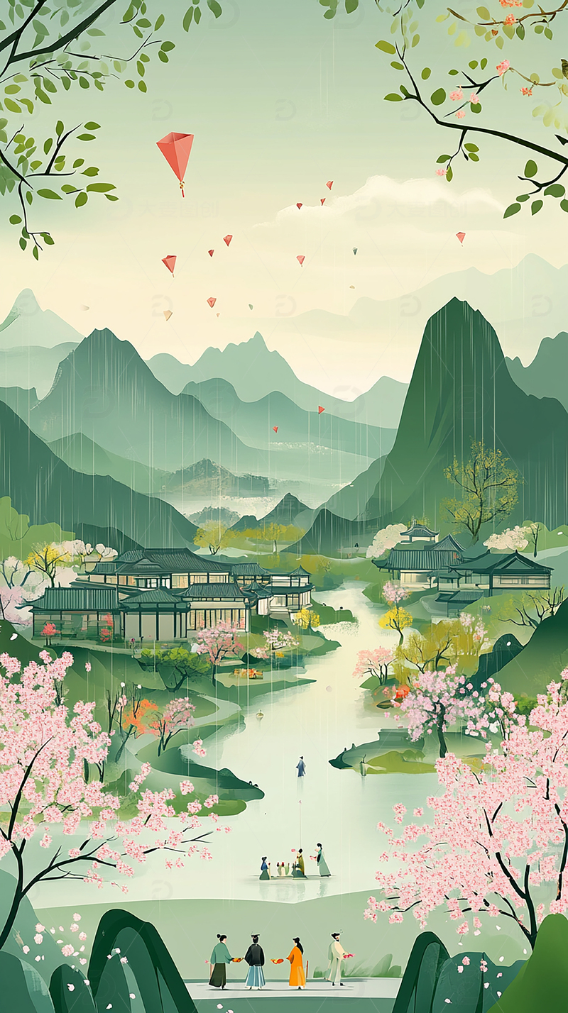 高清大图下载【趣麦麦图】清明春天海报插画