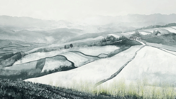 梯田农家写实风景插画