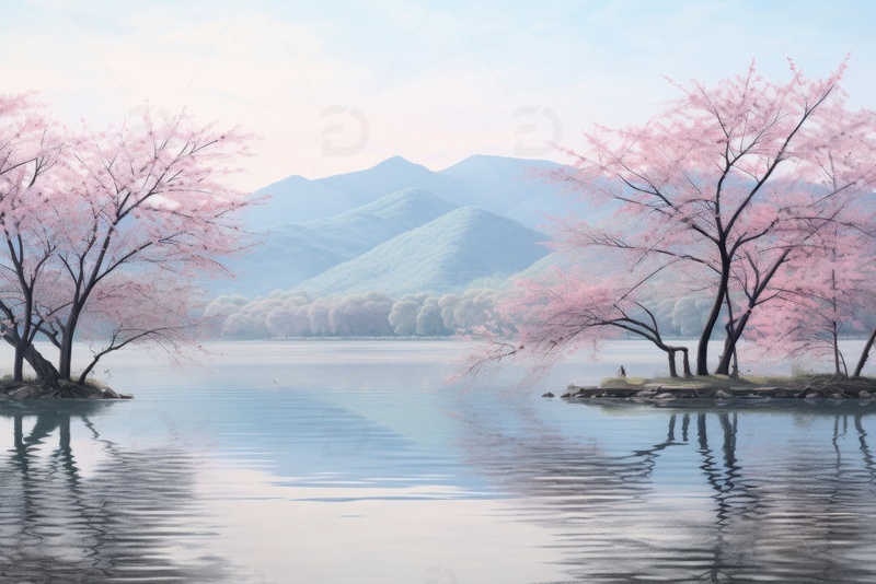 高清大图下载【趣麦麦图】湖泊桃树自然美景