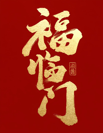 创意中国风红色底福临门金箔字毛笔艺术字