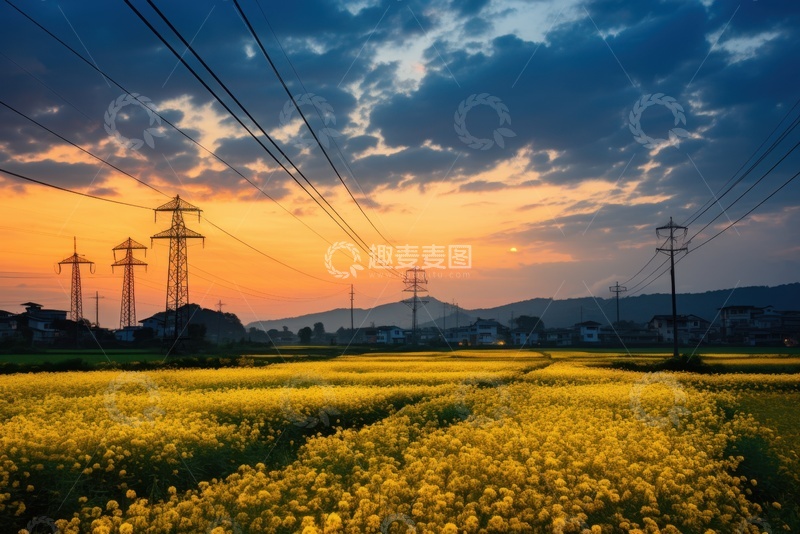 高清大图下载【趣麦麦图】油菜花花田里的电力塔