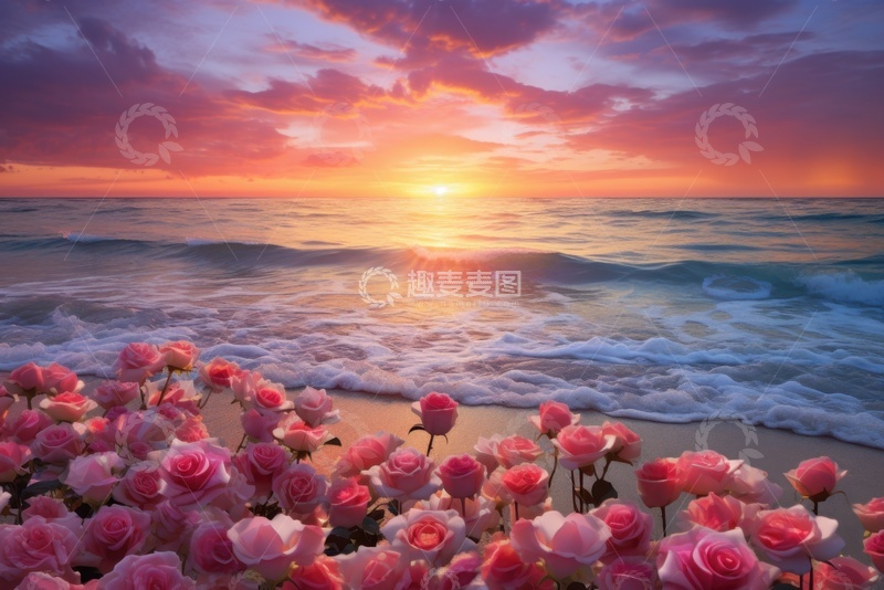 高清大图下载【趣麦麦图】沙滩玫瑰花丛和海浪
