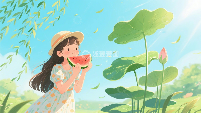 高清大图下载【趣麦麦图】 夏天 荷叶 女孩 西瓜  柳叶 荷花13