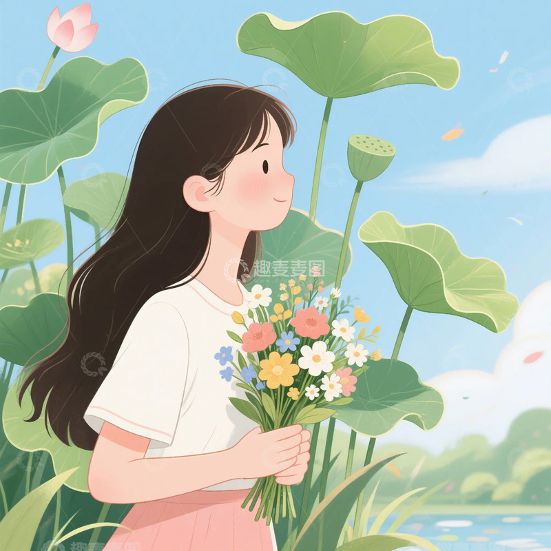 高清大图下载【趣麦麦图】 夏天 荷叶 女孩 西瓜  柳叶 荷花14
