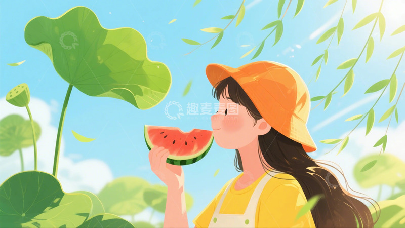 高清大图下载【趣麦麦图】 夏天 荷叶 女孩 西瓜  柳叶 荷花11