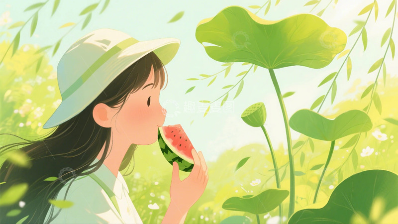 高清大图下载【趣麦麦图】 夏天 荷叶 女孩 西瓜  柳叶 荷花12