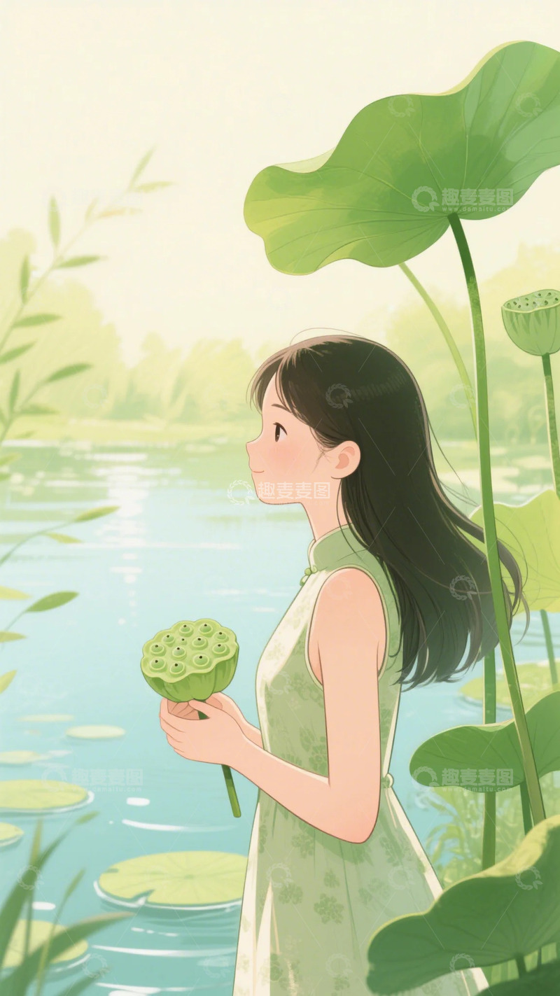 高清大图下载【趣麦麦图】 夏天 荷叶 女孩 西瓜  柳叶 荷花1