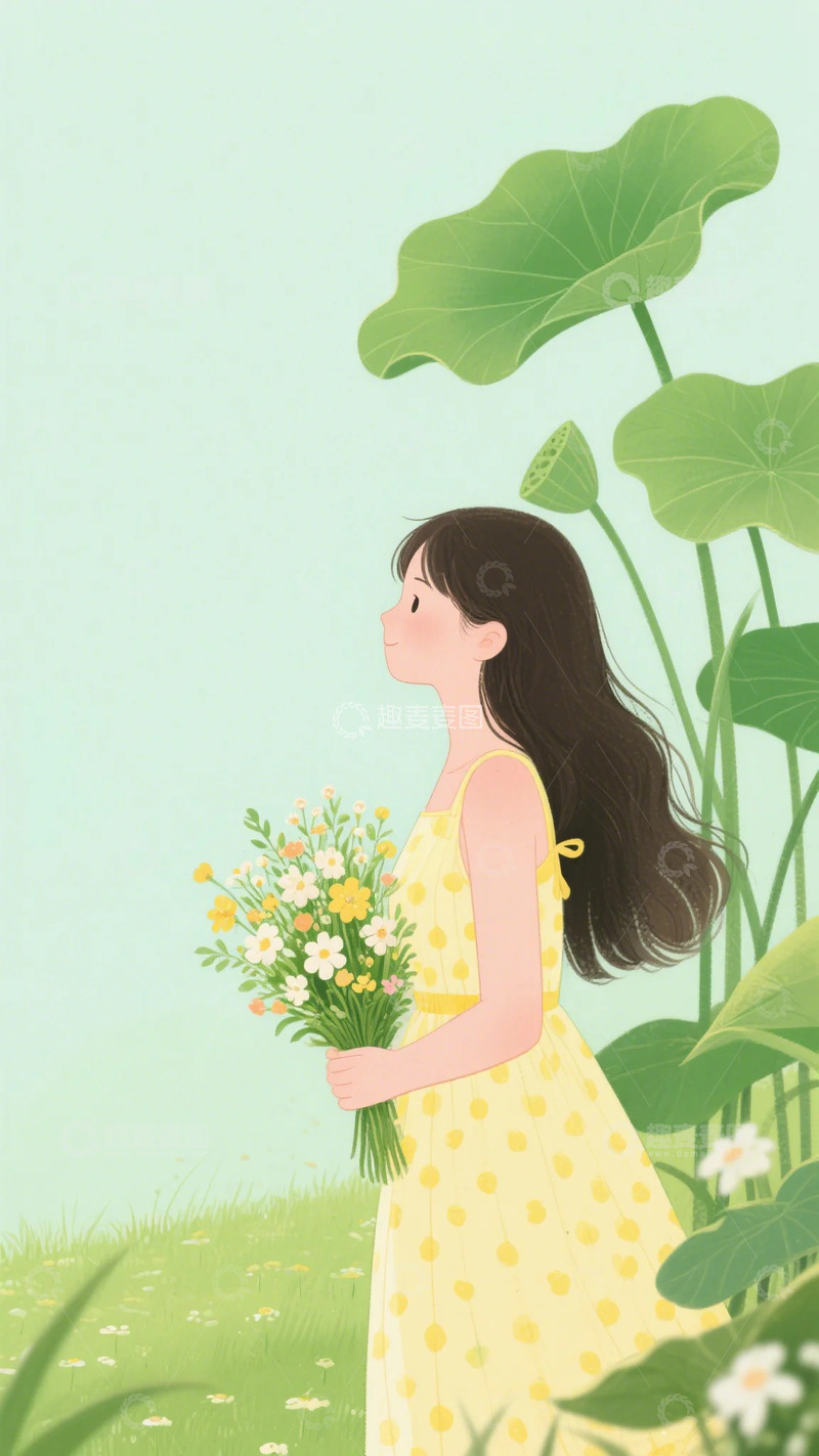 高清大图下载【趣麦麦图】夏天 荷叶 女孩 西瓜  柳叶 荷花
