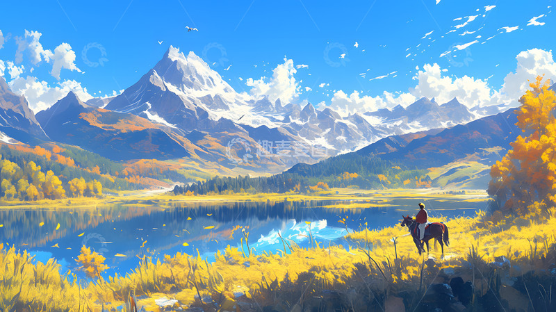 高清大图下载【趣麦麦图】秋日雪山骑马人物手绘插画