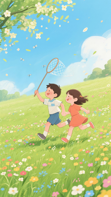 夏天手绘绘本插画捕蜻蜓
