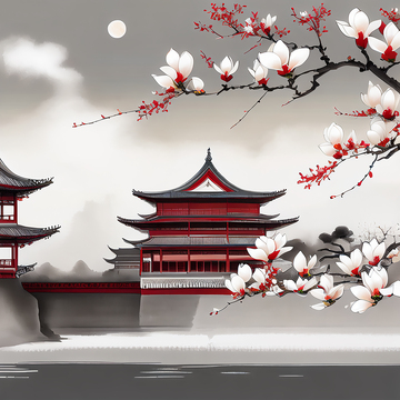 水墨国风玉兰宫殿