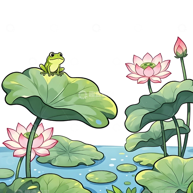 源文件下载【趣麦麦图】夏季卡通池塘荷花青蛙元素