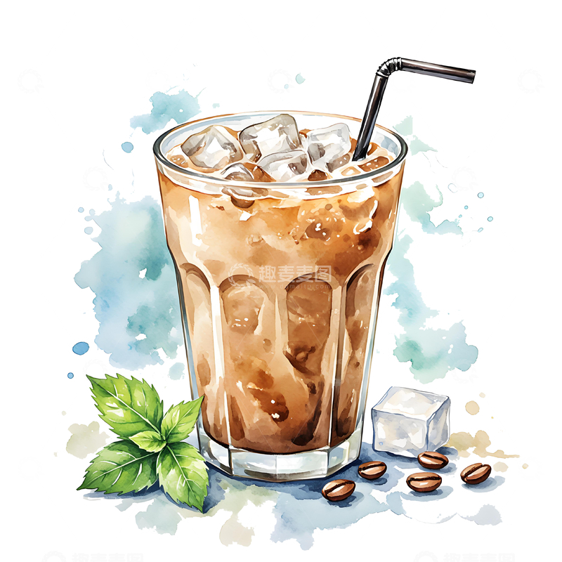 源文件下载【趣麦麦图】夏季卡通手绘水彩冰块咖啡