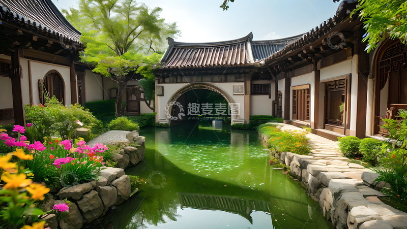 高清大图下载【趣麦麦图】一个宽敞的庭院 绿草如茵 鲜花盛开