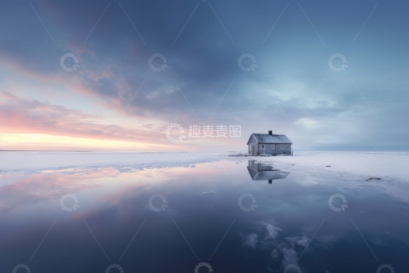 高清大图下载【趣麦麦图】冬季雪地上的小木屋