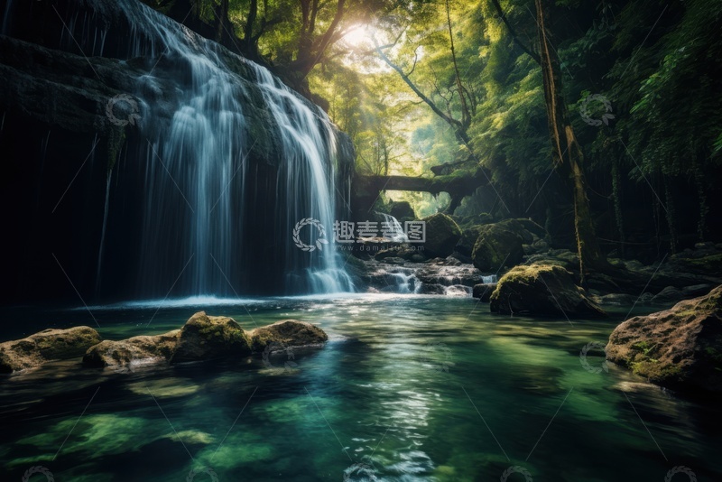 高清大图下载【趣麦麦图】山林里的水潭瀑布