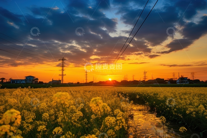 高清大图下载【趣麦麦图】黄昏下的油菜花田