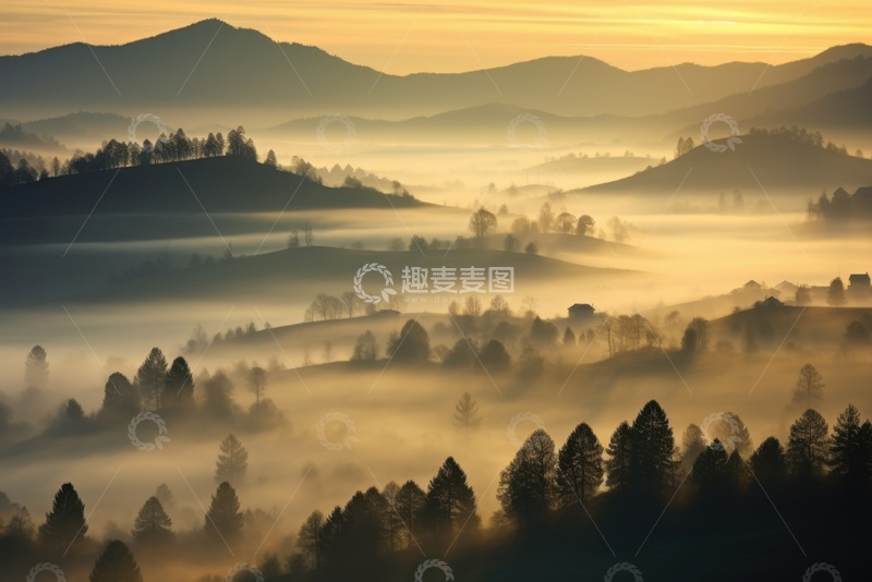 高清大图下载【趣麦麦图】黄昏云雾树林美景