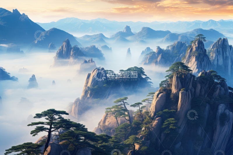 高清大图下载【趣麦麦图】黄山山峰云雾自然美景