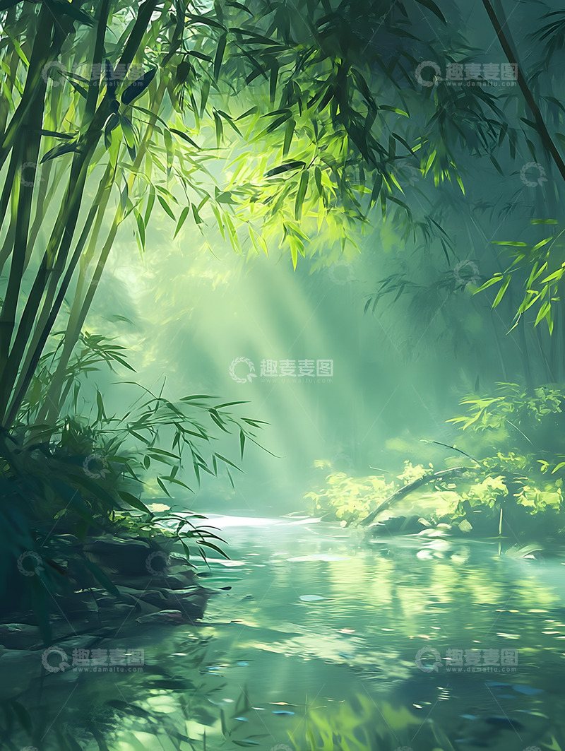 高清大图下载【趣麦麦图】丁达尔光线竹林背景4