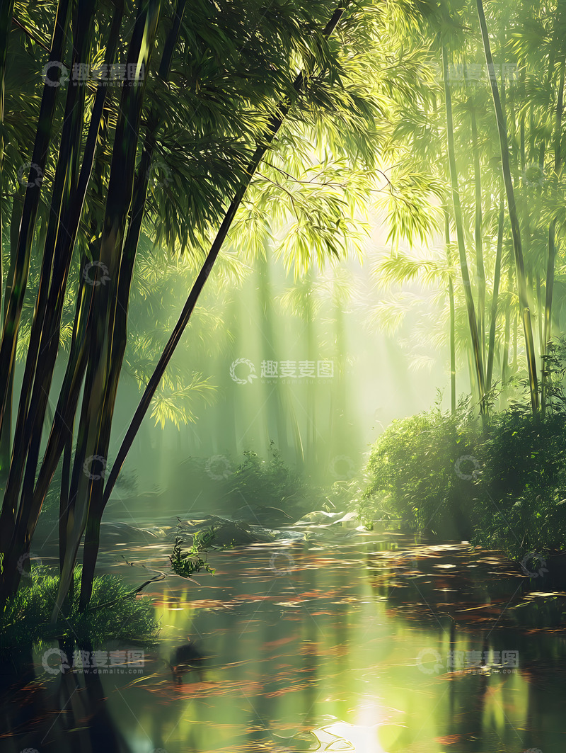 高清大图下载【趣麦麦图】丁达尔光线竹林背景