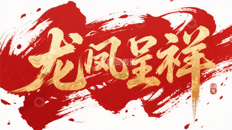 高清大图下载【趣麦麦图】创意吉祥语龙凤呈祥红底金箔字