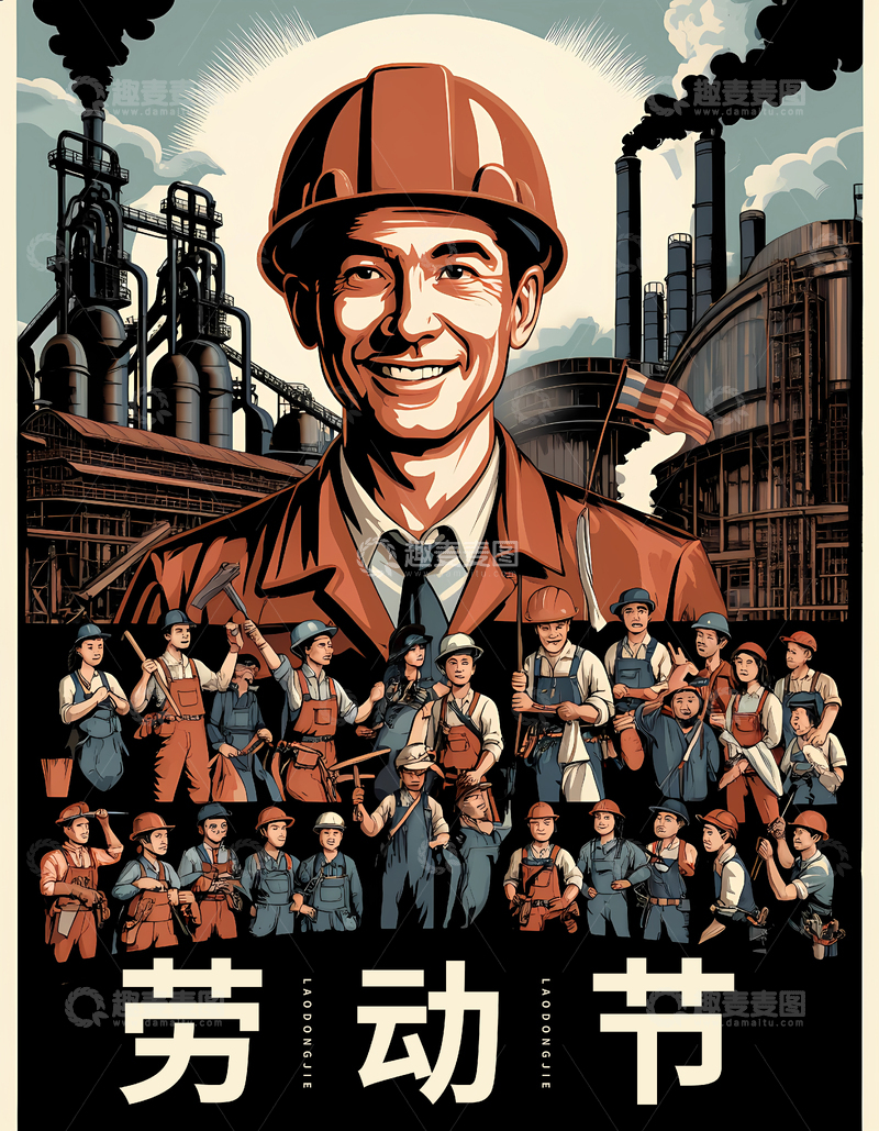 五一劳动节复古风插画海报封面