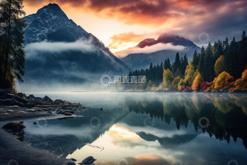 高清大图下载【趣麦麦图】湖泊雾气远山自然美景