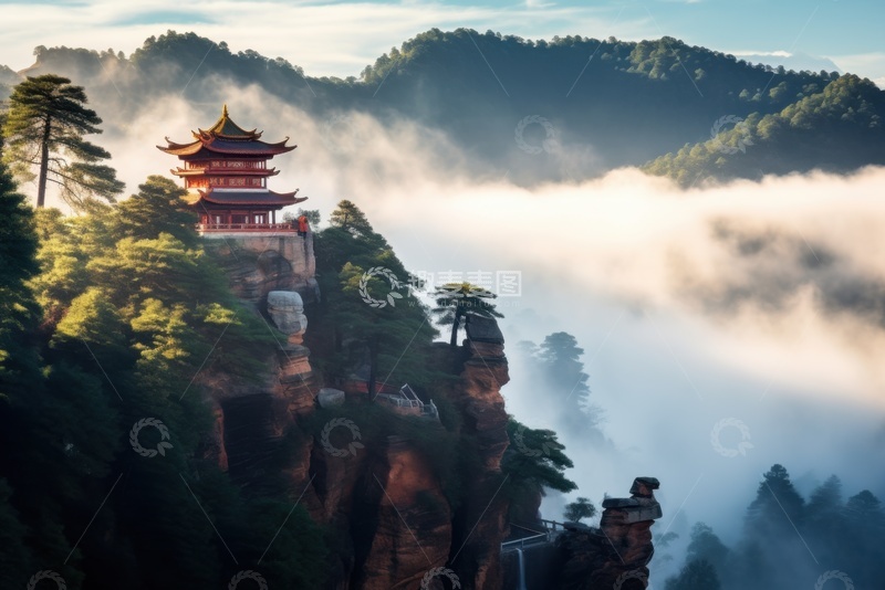 高清大图下载【趣麦麦图】山岩石壁凉亭云雾自然美景