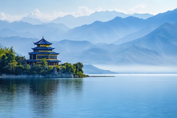 湖泊塔楼建筑美景