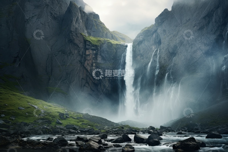 高清大图下载【趣麦麦图】崖壁上的瀑布水流美景