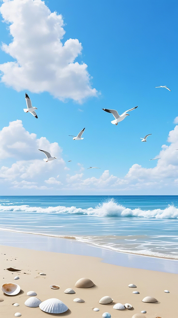 海边沙滩海鸥蓝天白云写实插画风